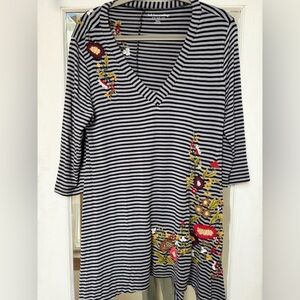 Soft Surroundings Black & White Striped V-Neck Tunic with Floral Embroidery